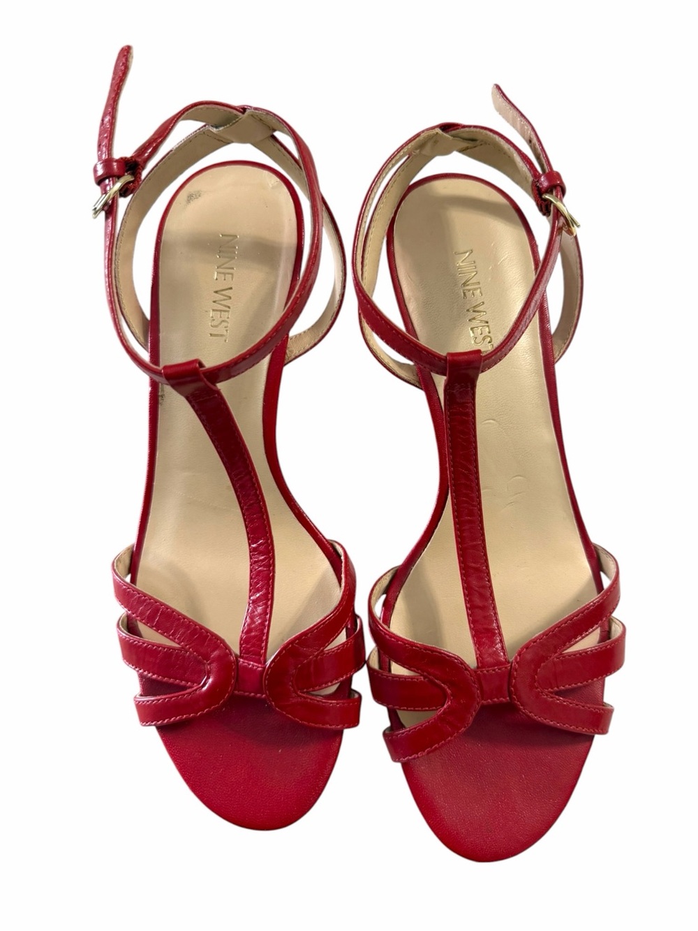 Nine West Red Leather T-Strap Kitten Heel Sandals - Picture 2 of 7